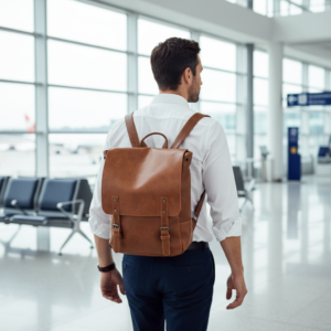Well-dressed man with vegan PU leather backpack walking through modern airport terminal