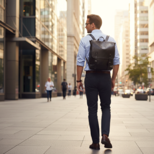 Professional man with black vegan leather backpack on city street, office buildings background