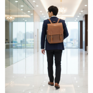 Man in navy suit with light brown vegan leather backpack in modern office lobby