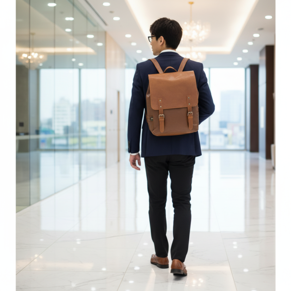Man in navy suit with light brown vegan leather backpack in modern office lobby