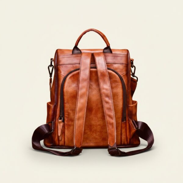 The Nomad leather backpack back view showing the hidden anti-theft pocket